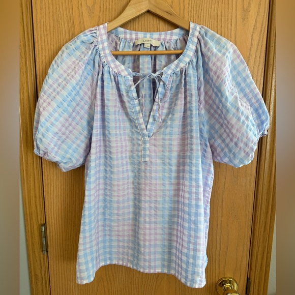 LOFT Tops - LOFT Blue & Lavender Pastel Gingham Tie-Neck Puff Sleeve Blouse Women’s Size L